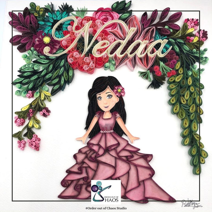 Quilling Art Girl with lettering name and floral patterns